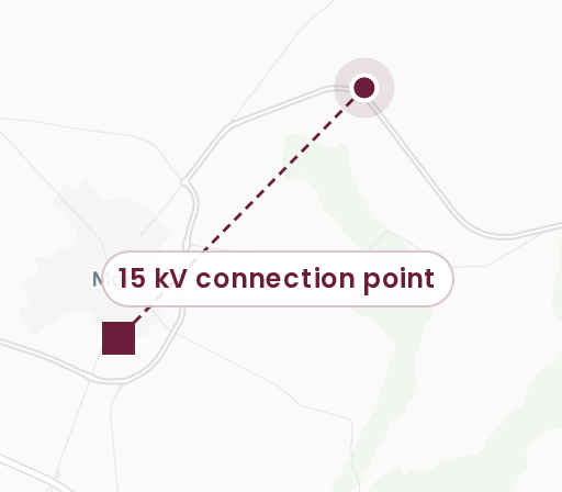 Map showing the project site and a 15 kV connection point in Mora